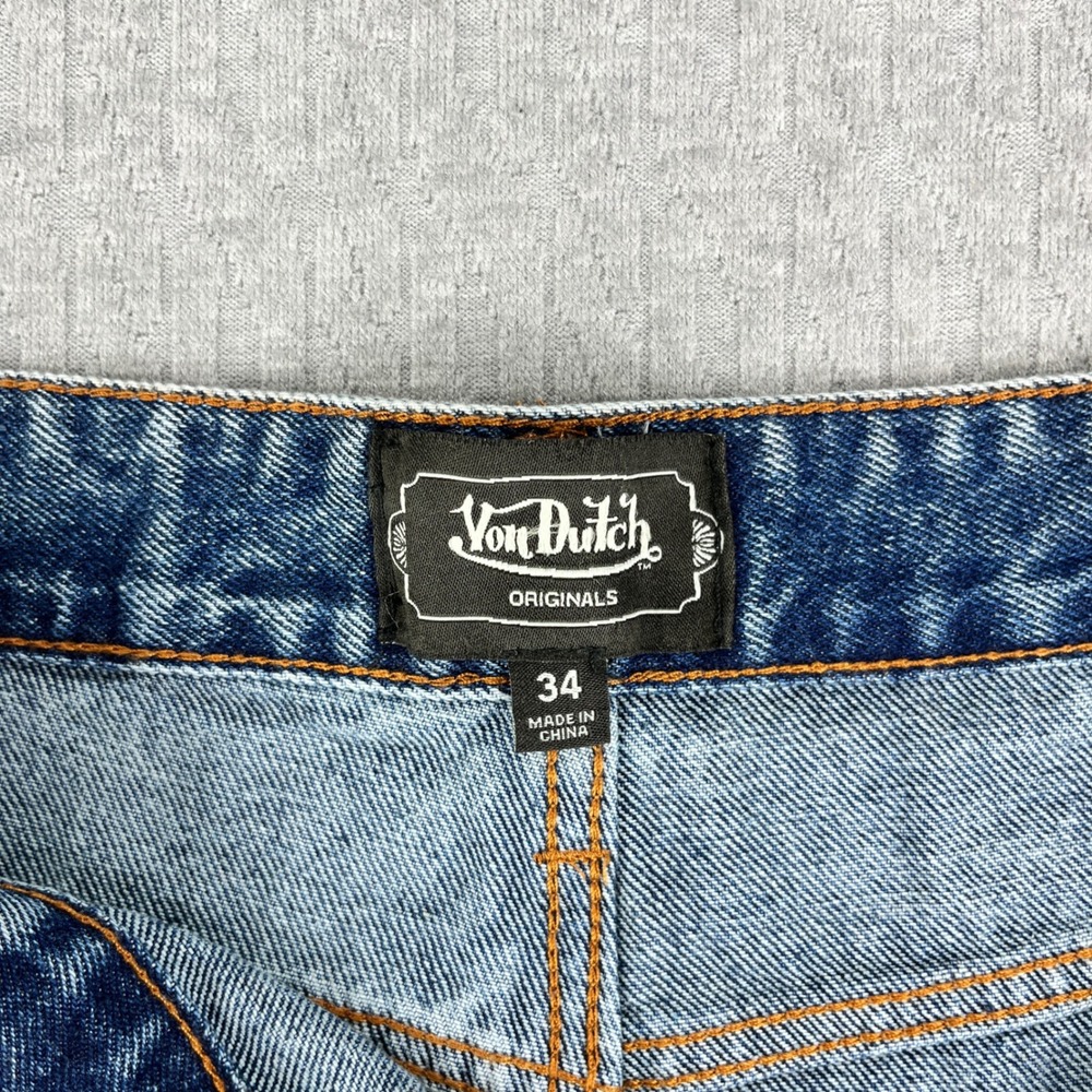 New Von Dutch Denim Shorts Men 34 Blue Originals Logo Patch Baggy Y2K Streetwear - Picture 3 of 14